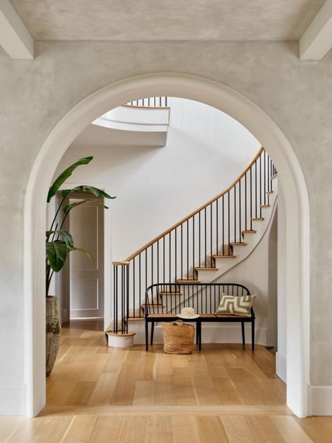 Curved Entryway Ideas, Entrance And Stairs, Montana Lodge, White Transitional Kitchen, Arch Entrance, Arch Entryway, Curved Stairs, Exterior Color Palette, Hgtv Designers