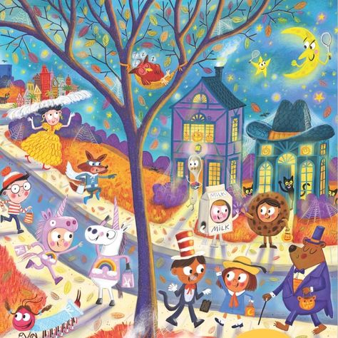 Highlights for Children on Instagram: “What are your kids dressing up as for Halloween? 👻 @paulajbecker illustrated this silly trick-or-treat scene for the October issue of…” Trick Or Treating Illustration, Trick Or Treat Illustration, Trick Or Treat Art, Kids Graphics, Kids Dress Up, Halloween Illustration, Preppy Wallpaper, Halloween Cartoons, Halloween Door