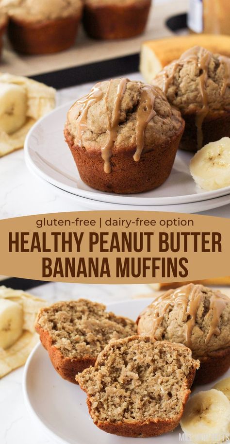 Muffins on a plate, with one cut open. Healthy Peanut Butter Banana Muffins, Peanut Butter Muffins, Healthy Banana Muffins, Peanut Butter Banana Muffins, Gluten Free Banana, Healthy Banana, Healthy Peanut Butter, Gluten Free Muffins, Dairy Free Options