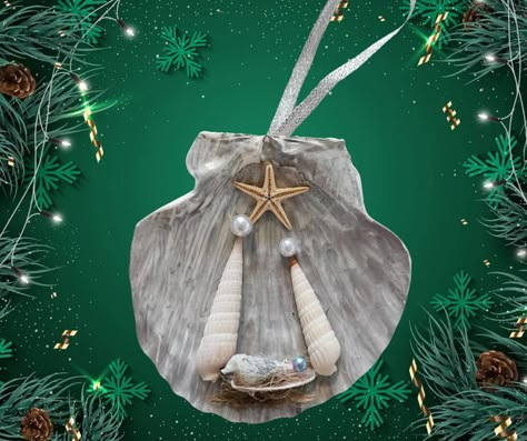 Crafty Lady - Beach Inspired Gifts and more | Nativity Shell Ornament  | Facebook Scallop Shell Christmas Ornaments, Seashell Nativity Scene, Shell Nativity, Beach Art Crafts, Shell Christmas Ornaments, Manger Christmas, Seashell Christmas Ornaments, Seashell Christmas, Shell Ideas