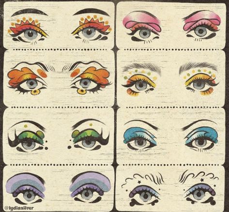 Unique Eyebrow Shapes, Pippin Musical Makeup, Carnival Inspired Makeup, Funky Eyeshadow Looks, Cool Lip Makeup, No Eyelashes Makeup Look, Beginner Drag Makeup, Weird Core Makeup, Easy Drag Makeup