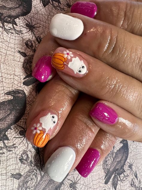 Cute Ghost Halloween Nails, Pink And Orange Halloween Nails, Ghost Acrylic Nails, Pink Ghost Nails, Pink Pumpkin Nails, Random Nails, Pumpkins And Flowers, Pumpkin Paint, Ghost Nails