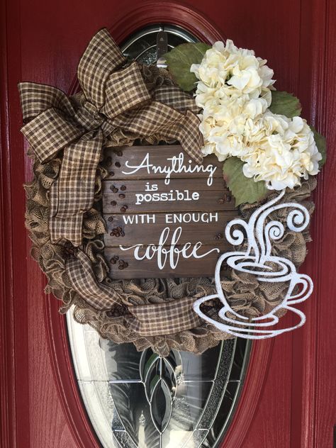 Coffee wreath Coffee Wreath Ideas, Coffee Wreath, Everyday Wreaths, Gift Crafts, Burlap Wreaths, Work Wreath, Coffee Theme, Pretty Wreath, Winter Project