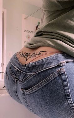 Down The Side Tattoos Women, Succubus Back Tattoo, Succubus Tramp Stamp Tattoo, Back Tatooed Girl Aesthetic, Trampstamp Tattoo Aesthetic, Goth Tramp Stamp, Succubus Tattoo, Lower Back Tattoo, Tramp Stamp Tattoos