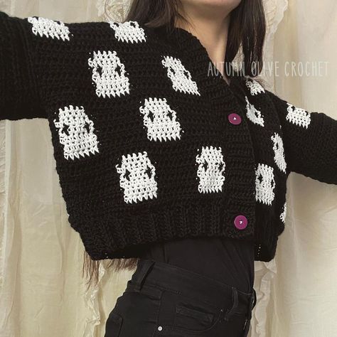 Autumn Olive Crochet ♡ on Instagram: “BOO! 👻 Ghost Cardigan for sale & CARDIGAN TESTER CALL! Read below! This ghost cardigan is available on my Etsy!! It is a cropped size…” Crochet Halloween Cardigan, Ghost Cardigan, Black Crochet Cardigan, Halloween Cardigan, Autumn Olive, Crochet Instagram, Crochet Ghost, Plain Cardigan, Pattern Cardigan