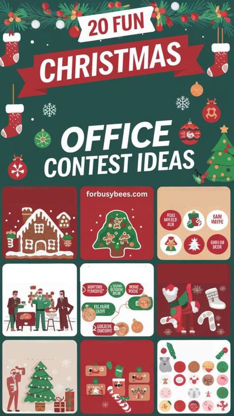 Work Christmas office contest Ideas Christmas Staff Luncheon Ideas, Office Christmas Competition Ideas, Small Work Christmas Party Ideas, Office Holiday Activity Ideas, Christmas Party Contests, Workplace Christmas Activities, Christmas Games For The Office, Fun Office Christmas Games, Christmas Office Activities