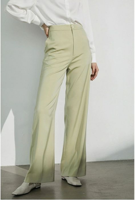 Light Green Pants, Green Pants Outfit, Silky Pants, Green Trousers, Business Essentials, Black Sheer Blouse, Silky Blouse, Work Wear Women, Green Pants