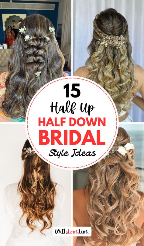 Unveil your perfect bridal hairstyle with these stunning half up half down ideas! Ideal for adding a touch of elegance while keeping your hair beautifully styled. Whether you’re going for boho or classic, we have you covered! 🌷👑 Be sure to save this pin for later! Bridal Updos Half Up Half Down, Wedding Hair For Bride With Veil Half Up, Beach Bridal Hair Half Up, Hair Styles Down For Wedding, Hairstyles Wedding Half Up Half Down, Celebrity Half Up Half Down Hair, Simple Wedding Hairstyles Half Up Half Down, Updos Half Up Half Down, Mid Length Hair Half Up Half Down