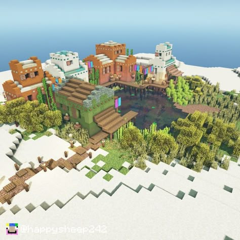 I made this oasis village in Minecraft :) If you want, you can watch the YouTube tutorial that i made for it by clicking the link! :) Minecraft Beach Town Ideas, Minecraft Beach Terraforming, Transformed Village Minecraft, Minecraft Beach Village Ideas, Minecraft Desert Oasis Builds, Minecraft Oasis Ideas, Island Village Minecraft, Minecraft Desert Fountain, Desert Oasis Minecraft