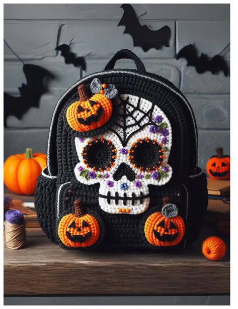 Halloween Bag Crochet, Crochet Halloween Bags Free Pattern, Halloween Crochet Bag, Crochet Halloween Bag, Free Crochet Halloween Patterns, Backpack Crochet Pattern, Creepy Crochet, Skull Backpack, Skull Crochet