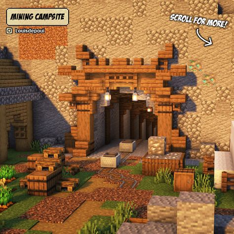 Minecraft Mine Entrances, Wooden Cabin Minecraft, Minecraft Fire Pit Ideas, Minecraft Bonfire, Minecraft Mining Entrance, Minecraft Smelting House, Minecraft Dessert Build, Minecraft Western Town, Minecraft Pillager Outpost