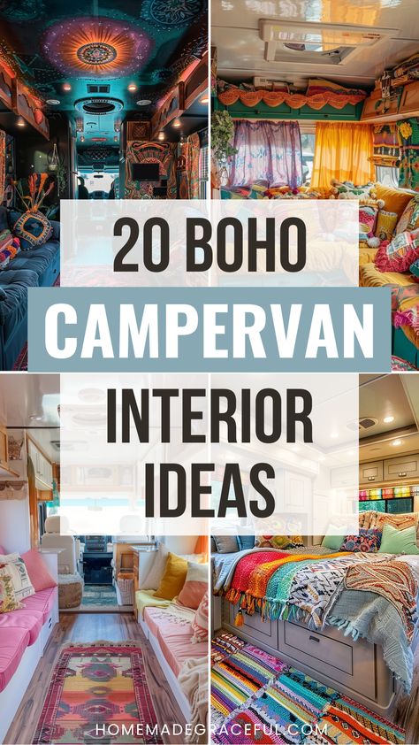 boho campervan interior ideas Camper Curtain Ideas Bohemian, Toyota Camper Remodel, Avion Camper Remodel Interior Design, Rv Color Palette, Rv Dashboard Ideas, Exterior Camper Paint, Bohemian Camper Interior, Rv Color Schemes Decorating Ideas, Rv Theme Ideas