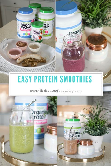 As a busy mom of two little ones, making sure I eat healthy is on the bottom of my list.  I put so much time and energy into trying to get my girls to eat healthy (which is a struggle every day!).  One of my goals this year is to get my nutrition in check.  … Protein Powder Smoothie Recipes, Protein Smoothie Recipes Healthy, Protein Powder Smoothie, Organic Protein Powder, Veggie Smoothies, Benefits Of Organic Food, Easy Protein, Fruit Lunch, Protein Smoothies