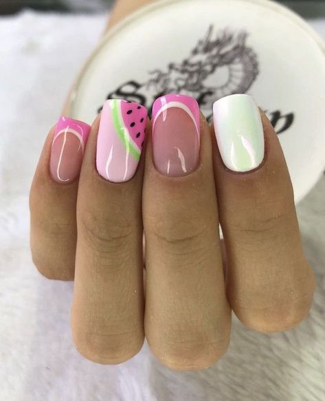 Short Watermelon Nails, Watermelon Gel Nails, Holiday Gel Nails Summer, Holiday Nail Designs Summer, Pink Watermelon Nails, Watermelon Nails Design, Short Oval Nails Designs, Mother’s Day Nails, Sun Nails Design