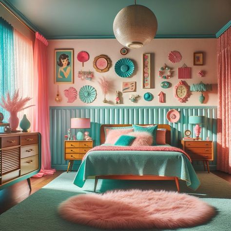 What a dreamy cute bedroom. Night... - Mid Century Modern Gal 50s Bedroom Aesthetic, 50s Bedroom, Mccoy Pottery Vases, Retro Bedroom, Cute Bedroom, Retro Bedrooms, Bedroom Aesthetic, Blue Heart, Pottery Vase