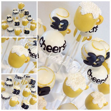 Beer mug cake pops | Kimberly Lloyd | Flickr Cheers And Beers Dessert Table, Beer Themed Cake, Beer Themed Birthday Party, Beer Dessert, Beer Party Theme, Diy Dessert Table, Beer Birthday Party, Beer Mug Cake, Coco Birthday