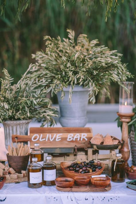 Summer Wedding in the Athenian Riviera - Rock Paper Scissors #weddings #weddinginspiration #weddingplanning #summerwedding #outdoorwedding Olive Bar, Italian Party, Olive Wedding, Rental Wedding Dresses, Greek Summer, Mediterranean Wedding, Wedding Buffet, Unconventional Wedding, Tuscan Wedding