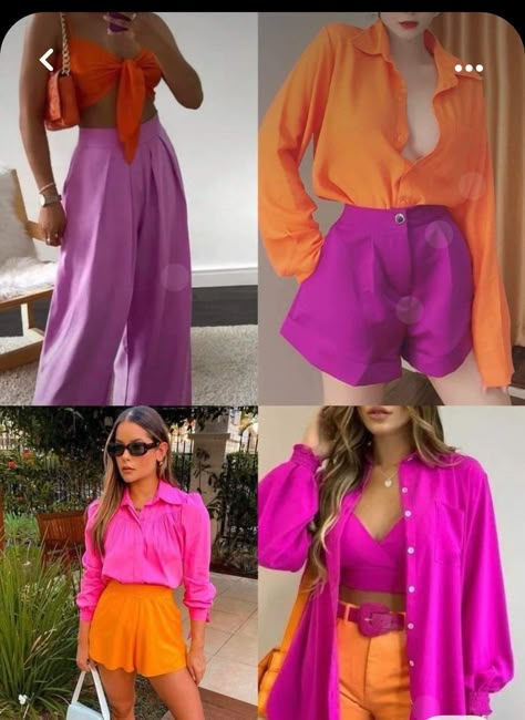 Color Block Party Outfit, Orange And Pink Outfits For Women, Pink Orange Aesthetic Outfit, Neon Color Outfits Party, Magenta And Orange Outfit, Pink And Orange Color Block Outfit, Bright Pink Outfit Ideas, Orange And Hot Pink Outfit, Pink And Orange Summer Outfit