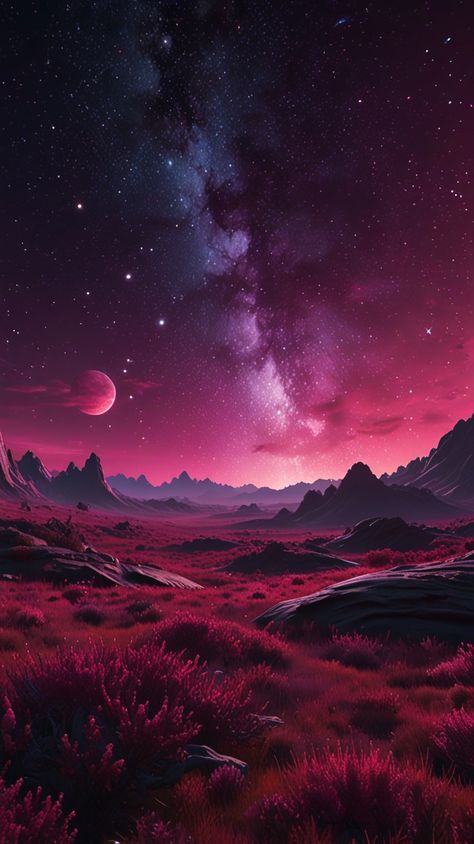 Escape into a dreamy interstellar vista where deep magenta nebulae swirl across space, glowing intensely and filling the sky with vibrant color. Neon pink and magenta stars radiate beams of light, illuminating every corner of the cosmos. Softly glowing planets blend into the surreal landscape, creating a breathtaking cosmic scene that feels alive with color and energy. #MagentaNebula #InterstellarBeauty #CosmicDreamscape #RadiantStars #SurrealSpace #GalacticWonder Pink Universe Wallpaper, Space Mountain Pictures, Pink Space Background, Pink Space Wallpaper Desktop, Cosmic Landscape, Space Landscape, Beams Of Light, Deep Magenta, Surreal Landscape