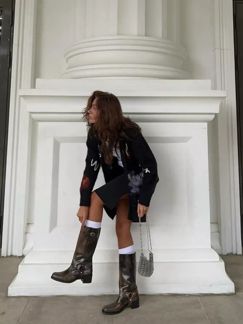 10 Fall Boot Trends to Step Into Cooler Temps in Style Navy Knee High Boots Outfit, Tall Black Boots Winter, Party Boots Outfit, Fall Boots Outfit Aesthetic, Distressed Boots Outfit, Tall Biker Boots Outfit, Black Rider Boots Outfit, Scrunch Boots Outfit, Trend Boots 2024