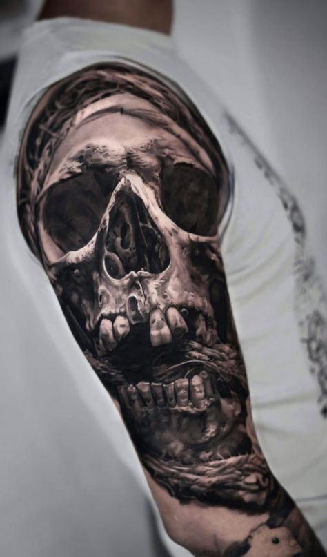 Masculine Skull Tattoo, Skull Tattoo Shoulder, Skull Tattoo Arm, Skull Tattoo Reference, Skull Shoulder Tattoo, Human Skull Tattoo, Realism Skull Tattoo, Mountain Sleeve Tattoo, Skull Drawing Tattoo