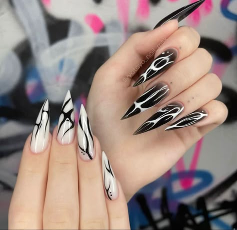 Black On White Nails, Black And White Stilleto Nails Long, Ghostmane Nails, Opposite Nails On Each Hand, White Alt Nails, Simple Alternative Nails, Black And Silver Stiletto Nails, Black Clover Nails, Punk Nails Acrylic