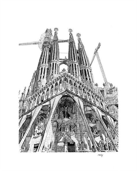 Sagrada Familia Drawing, Barcelona Drawing, Black White Drawing, Barcelona Architecture, Building Drawing, Architecture Collage, Art Nouveau Architecture, Architecture Drawing Art, White Drawing