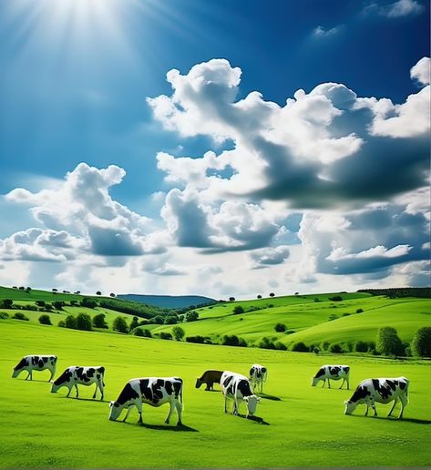 Photo cows grazing on lush green hills u... | Premium Photo #Freepik #photo Herd Of Cows, Cow In A Field, Field With Cows Painting, Cows In Pasture Painting, Cows In A Field, Field At Sunset, Cows Grazing, Sky Green, Black Cows In Field