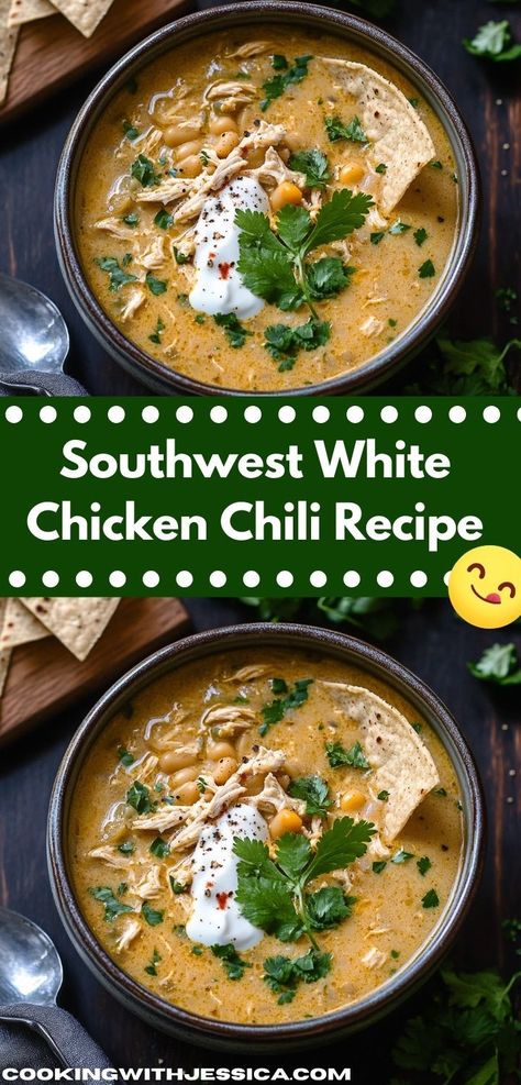 Discover an easy dinner recipe that brings the heat! This Southwest White Chicken Chili is a delightful mix of spices and creamy textures, making it an ideal choice for a comforting family dinner. Southwest White Chicken Chili, Southwest Chili Recipe, Southwest Chicken Chili, Acid Reflux Friendly Recipes, White Chicken Chili Healthy, Chicken Beans, White Chicken Chili Recipe, White Bean Chicken Chili, White Bean Chili