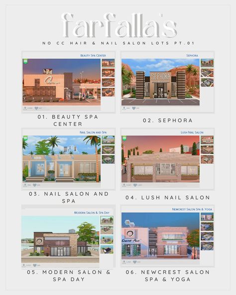 No CC Hair & Nail Salon Recommendations, pt. 01 ♡ ༄ 01 | Beauty Spa Center by RGeeTect size | 40x30 ༄ 02 | Sephora by LinnEAGirly size | 30x20 ༄ 03 | Nail Salon and Spa by McAllister6 size | 40… Sims 4 San Myshuno Community Lots, Sims 4 Beauty Salon, Sims Blender, Sims Folder, Sims Gallery, Infants Cc, Commercial Ideas, Ts4 Lots, Ts4 Builds