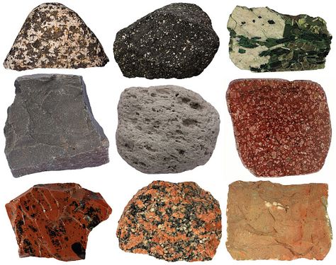 Igneous rocks: left to right: gabbro, andesite, pegmatite, basalt, pumice, porphyry, obsidian, granite, and tuff. Different Types Of Rocks, Types Of Rocks, Mineral Identification, Rock Identification, Igneous Rocks, Rock Tumbling, Rock Hunting, Rock Textures, Geology Rocks