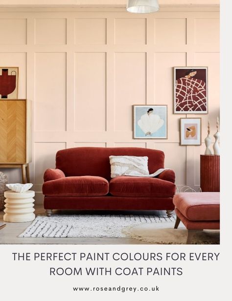 The Perfect Paint Colours for Every Room with COAT Paints | Rose & Grey Beige Room, Brown Leather Armchair, Perfect Paint Color, Favorite Paint Colors, Coat Paint, Bamboo Furniture, Favorite Paint, Sofa Colors, Pink Paint