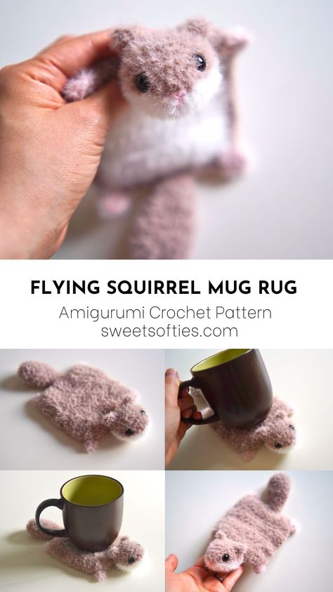 Crochet Flying Squirrel, Squirrel Amigurumi, Squirrel Pattern, Crochet Plushies, Flying Squirrel, Cup Cozy, Crochet Inspiration, Crochet Kit, Crochet Coasters