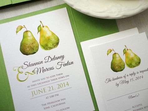 SAMPLE Perfect Pear Wedding Invitation Set by NooneyArt on Etsy Pear Artwork, Wedding Invitations Sample, Green Gate, Wedding Invitation Samples, White Cover, Wedding Invitation Sets, Response Cards, The Invitation, Invitation Set