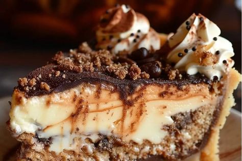 Deep Dish Tiramisu Pie with Coffee Crunch Crumble Deep Dish Cookie Cake, Boston Cream Pie Bars, Best Crumble Topping For Pies, Coffee Custard Pie, Coffee Cream Pie, Tiramisu Dessert Ideas, Piecaken Combinations, Deep Dish Pie Recipes, Nesselrode Pie Recipe