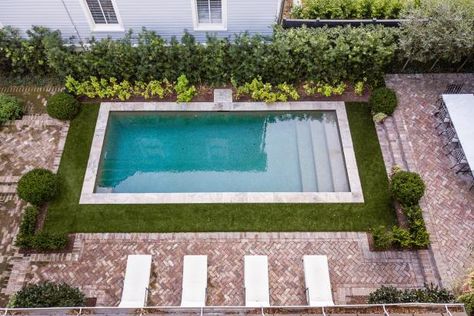 Brick Pool, Small Brick Patio, Grass Border, Contemporary Backyard, Charleston Gardens, Deck And Patio, Courtyard Pool, Freeform Pools, Raised Patio