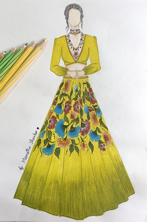 Dyed fabric with hand painted floral pattern, perfect for Haldi Hand Painted Haldi Outfit, Haldi Ceremony Outfit Tie And Dye, Haldi Ceremony Outfit Organza, Yellow Organza Lehenga For Haldi, Outfit For Haldi Function, Yellow And Pink Lehenga For Haldi, Haldi Outfit, Hand Painted Dress, Wedding Lehenga