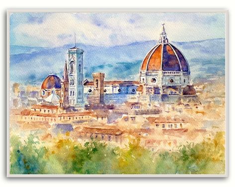 Street Cafe Watercolor Painting or Art Print Scene From Old - Etsy Florence Watercolor, Florence Dome, Italy Art Print, Original Wall Art, Florence Italy, Giclee Art, Santa Maria, Original Watercolor Painting, Watercolor Print