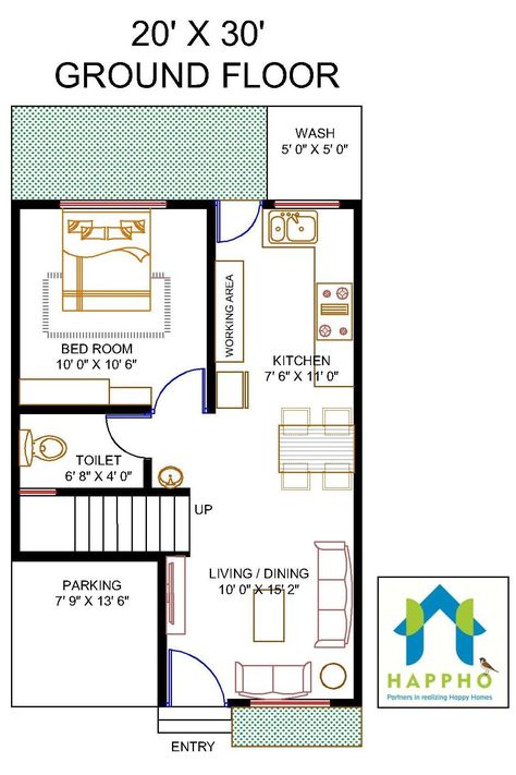 Vastu Complaint 1 Bedroom (bhk) Floor Plan For A 20 X 30 Feet Plot (600 Sq Ft Or 67 Sq Yards). Check Out For… 20×30 House Plan, 20x30 House Plans, West Facing House, North Facing House, 20x40 House Plans, 30x40 House Plans, Vastu House, 2bhk House Plan, Indian House Plans