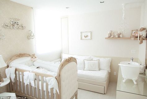 White wash and light wood give this nursery a fresh frill, while frills and bows add a feminine touch Girl Nursery Diy, Turquoise Room, Baby Closet Organization, White Couches, Nursery Room Design, Baby Closet, Beautiful Nursery, Nursery Furniture Sets, Rooms Reveal