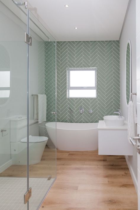 Modern small bathroom Small bathroom ideas || bathroom decorating ideas Mint Tiles Bathroom, Sage Herringbone Tile Bathroom, Floor To Ceiling Tiles Bathroom, Green Herringbone Bathroom, Long Bathroom Ideas Narrow, Oak Floor Bathroom Ideas, Sage Green Herringbone Tile Bathroom, Bathroom Ideas Wooden Floor, Herringbone Tile Backsplash Bathroom