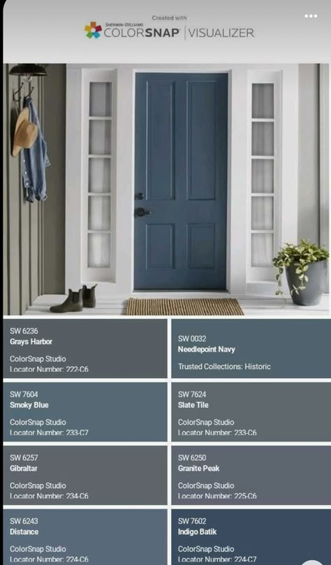 House Door Paint Colors, Grey Blue Door Exterior, Gray House Navy Door, Blue Front Doors Sherwin Williams, Slate Blue Door Color, Front Door Colors Gray Siding, Sw Blue Exterior Paint Colors, Slate Blue Front Door Colors, Front Door Colors With Light Blue Siding