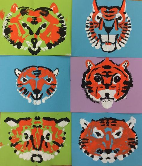 Tiger symmetry prints in 2nd grade | Mrs. Knight's Smartest Artists | Bloglovin’ Symmetry Elementary Art, Art For Second Grade Ideas, Art Projects Second Grade, 1st And 2nd Grade Art Projects, Second Grade Art Lessons, Art For Second Grade, Tiger Art Project, Year 1 Art, Year 2 Art