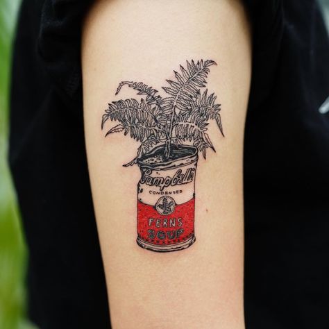 Campbell Soup Can Tattoo, Campbells Soup Tattoo, Soup Can Tattoo, Soup Tattoo, Cambell Soup, Can Tattoo, Sung Jae, Food Tattoos, Plant Tattoo