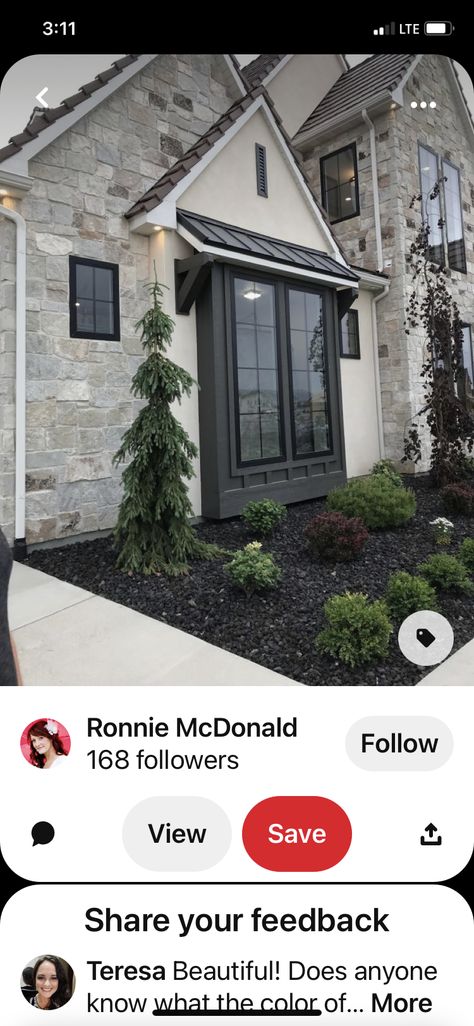 Limestone On House Exterior, Stone Bump Out Exterior, Timeless Modern Home Exterior, Stone For Exterior Of House, Stone Stucco Siding Exterior, Home Exterior 2023, Black Exterior House With Stone, Gray And Stone House Exterior, Siding And Stucco Combination