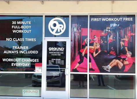 We just finished this custom window graphic application for our friends at 9 Round Boxing, and now their space is really standing out!  The photo on the right window is actually perforated vinyl, so even though it looks vibrant and opaque from outside, people inside can still see out of the window! Gym Window Graphics, Boho Gym, Gym Layout, Chiro Office, Window Ads, Window Graphic, Store Front Windows, Windows Display, Window Graphics