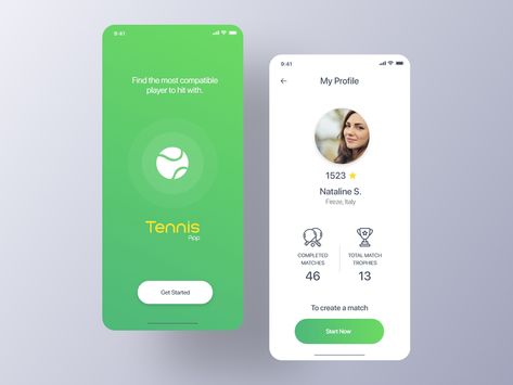 Tennis App - Welcome Screen & Profile by Bedri Allkja App Welcome Screen, Form Ui, Profile App, Mobile App Ui Design, Tennis Academy, Apps Design, Mobile App Design Inspiration, Ui Design Website, Sports App