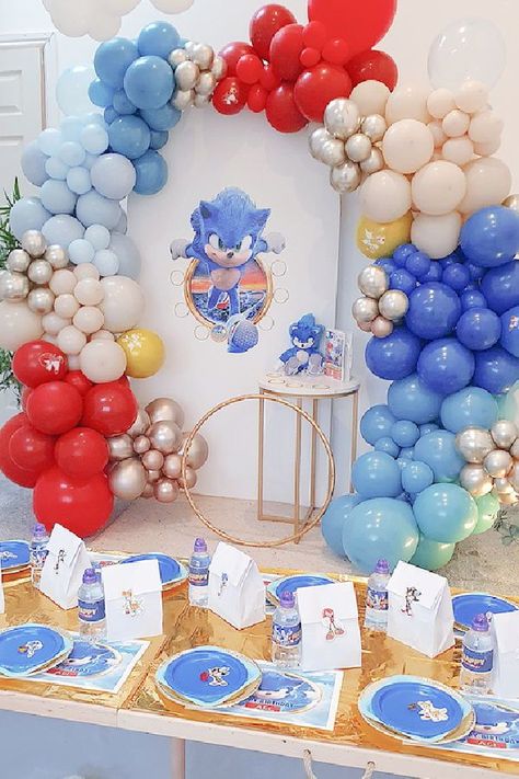 Check out this fun Sonic the Hedgehog birthday party! The dessert table is fantastic!! See more party ideas and share yours at CatchMyParty.com Modern Sonic Birthday Party, Amy Sonic Birthday Party Ideas, Sonic Table Decoration, Girls Sonic Birthday Party, Sonic Party Decor, Sonic Girl Birthday Party, Sonic Dessert Table, Sonic Balloon Garland, Sonic Hedgehog Birthday Ideas