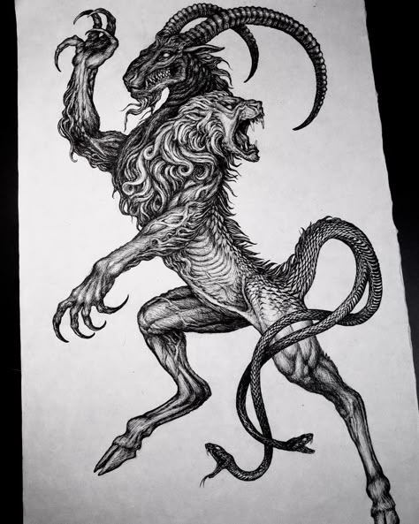 Pen on paper. 80 x 35 (Chimera) Greek Mythological Creatures Tattoo, Greek Monsters Tattoo, Greek Mythology Monsters Tattoo, Mythology Creatures Tattoo, Mythical Creature Tattoo Ideas, Drawing Dark Ideas, Chupacabra Tattoo, Mythological Creatures Tattoo, Mando Tattoo