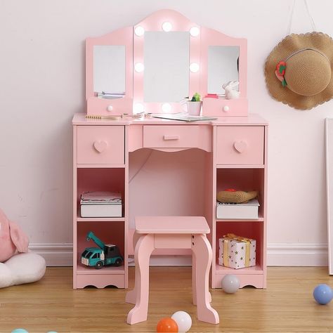 【2 In 1 Princess Vanity Table & Chair Set】The kids vanity set includes a vanity table with light and a stool, providing little girls with the opportunity to fulfill their dream of being a shiny princess. Girls Vanity Table, Girl Vanity, Princess Vanity, Vanity Table With Lights, Kids Vanity Set, Girls Dressing Table, Girls Vanity, Diy Girls Bedroom, Mirror Drawers